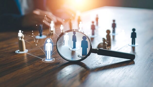 Business people, magnifying glass, network