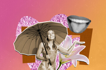 Poster image artwork pop collage of happy pretty girl hold umbrella mouth show tongue lily flower...