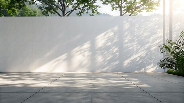 Sunlight and shadows dance on a modern concrete wall, creating a minimalist exterior with trees and plants, perfect for a contemporary architectural design