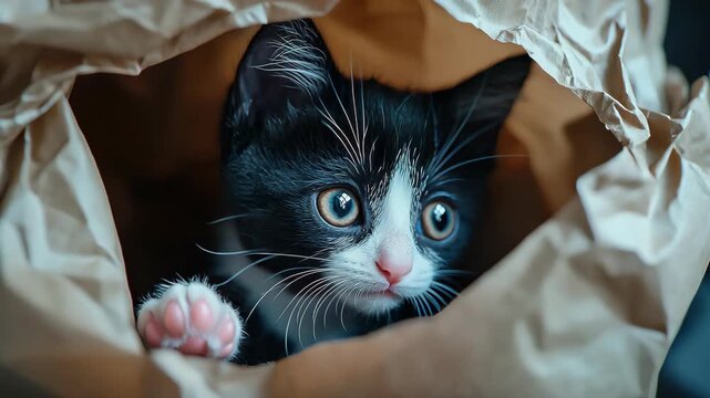 Playful Tuxedo Kitten Hiding in Brown Paper Bag