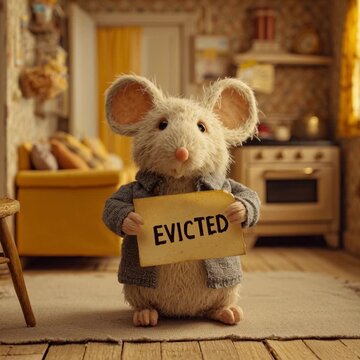 A cute mouse holds an evicted sign - claymation cartoon pest stands in a kitchen interior, eviction notice pest control service mice and rat removal pest deterrent. Stop motion video animation puppet.