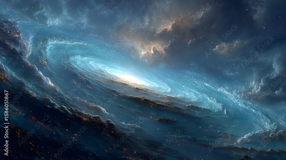 Wall mural celestial vortex a swirling blue nebula envelops a distant planet