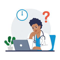 A flat, minimalist illustration of a healthcare professional at a desk. The figure is wearing a white lab coat, glasses, and has a stethoscope around their neck.