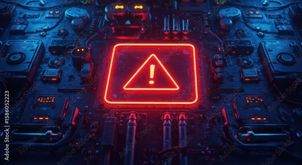 Poster futuristic cybernetic circuit board displaying a glowing neon red warning exclamation mark symbol