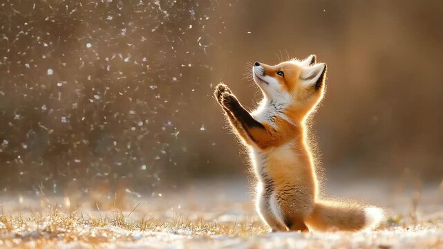 Playful Red Fox Kit Standing in Winter Snow
