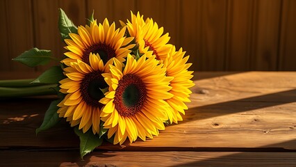 Sunflowers arranged on a rustic wooden table, bathed in warm golden light for a natural still life.