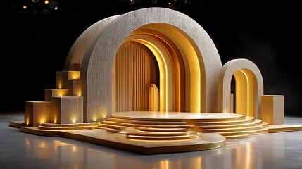 A grand golden arch stage with soft, ambient lighting, perfect for luxury events, product showcases, or dramatic theatrical performances.