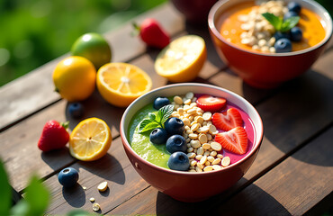 vibrant overhead shot colorful smoothie bowls overflowing vibrant tropical toppings rustic wooden table bathed soft morning