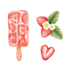 Strawberry Watercolor Ice Cream and Heart-shaped Berry Vector