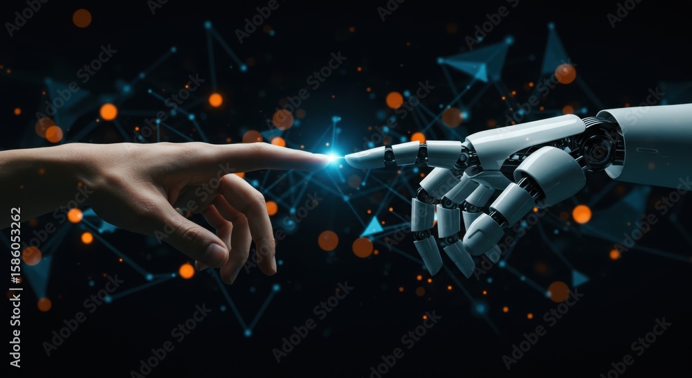 Poster human finger touches robotic finger creating a spark of light amidst a digital network of connection