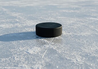 Solitary Hockey Puck on Glacial Ice Surface, Winter Sport Still Life