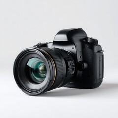 Fototapeta premium Black D S L R camera with large lens on white background
