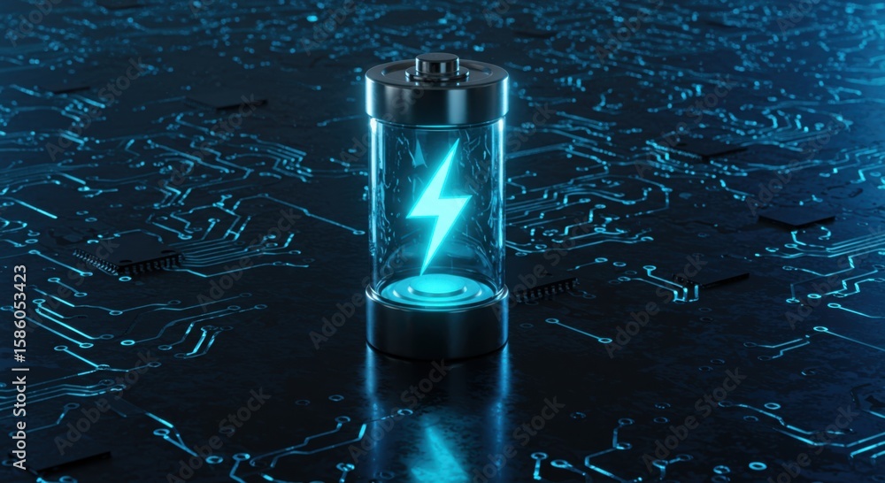 Poster futuristic battery icon with a glowing lightning bolt symbol inside on a dark circuit board backgrou