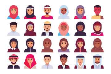 Diverse Arab/Middle Eastern Faces: A collection of diverse avatars representing the Arab/Middle Eastern population, showcasing various ethnicities, genders, and attire.