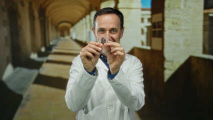 Mature man holding dental model in university courtyard with stone archways wearing lab coat...