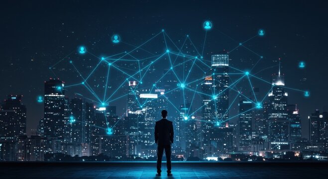 Businessman gazes at a glowing digital network connecting abstract human icons over a sprawling illuminated cityscape at night