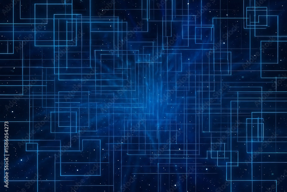 Aufkleber abstract glowing blue grid lines overlaying a dark starry nebula background with subtle light effect