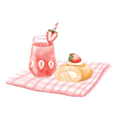 Watercolor Strawberry Drink and Cream Roll Cake vector illustration