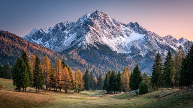 Ultra quality image of idyllic valley in Filzmoos, Austria with glowing autumn larch trees, snow-capped peaks, and soft pastel skies.