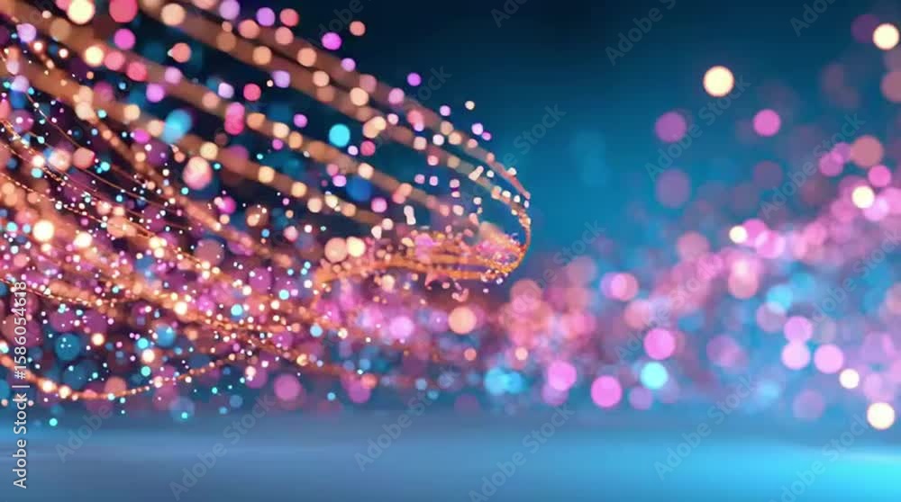 Poster magical neon background with bokeh and tiny particles explosion and swirl of sparkles and confetti