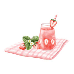 Watercolor Strawberry Drink and Fruit Set vector illustration