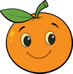 Fototapeta premium Cute cartoon orange with a happy face and green leaf isolated on white background