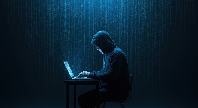 Anonymous figure in a hooded sweatshirt intently typing on a laptop computer illuminated by the screen s glow against a digital rain background - Powered by Adobe