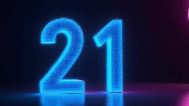 Reinvent numeric visuals through dazzling K clip that bathes glowing number twenty one cool blue vivid purple neon soft flickers radiating cyber style conveying innovation digital countdowns