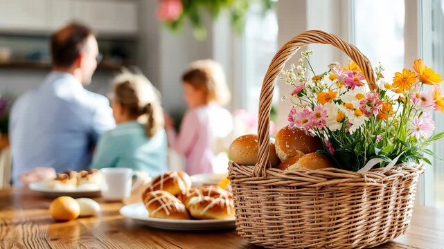 Family breakfast with bread and flower basket in cozy kitchen setting