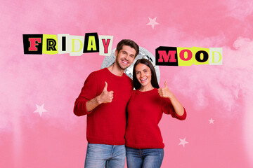 Image banner trendy full photo collage of happy girl guy dance friday mood disco ball celebration...