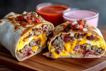 A hearty breakfast burrito filled with eggs, cheese, bacon, sausage, and salsa, creating a perfect start to the day with a delicious, satisfying meal.