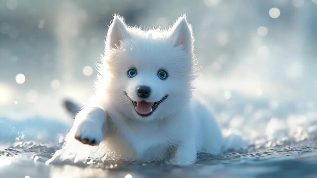 Playful White Puppy with Blue Eyes in Snowy Water