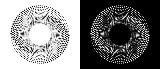 Modern abstract background. Halftone dots in circle form. Round logo. Vector dotted frame. Design element or icon, logo. Black shape on a white background and the same white shape on the black side.
