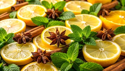 Fresh lemon slices, mint leaves, cinnamon sticks, and star anise arranged on a dark surface