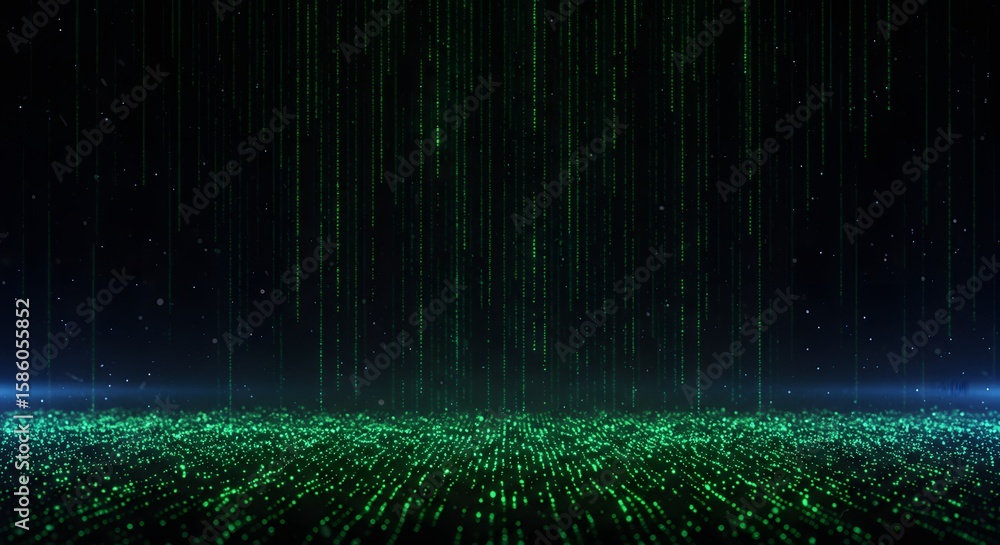 Poster abstract digital rain with green glowing lines falling over a field of shimmering particles against 