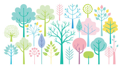 Vector art of assortment of whimsical trees in various colors and styles isolated on transparent background