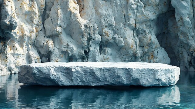 A serene rock formed table rises from the still waters offering a natural stage for contemplative display  long title A solitary rock carved table