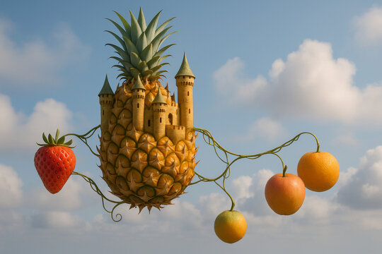 Pineapple Castle Floating in Mid-Air With Melon Vine Bridges