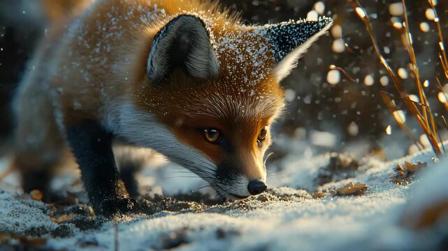 Red Fox Kit in Snowy Winter Forest Closeup