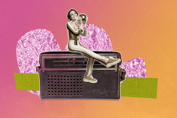 Poster image artwork pop collage of happy girl hold disco ball sit retro radio celebrate weekend chill friday mood player 90s