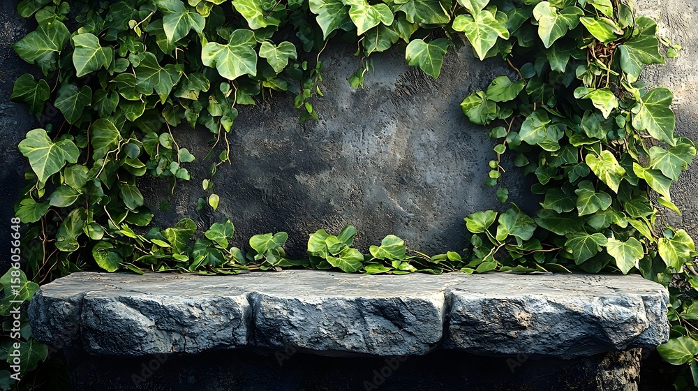 Poster weathered stone table with lush ivy vines creating a natural and charming backdrop