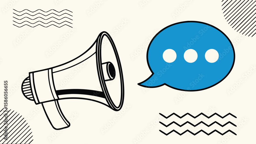 Poster megaphone and speech bubble with dots representing communication and announcement