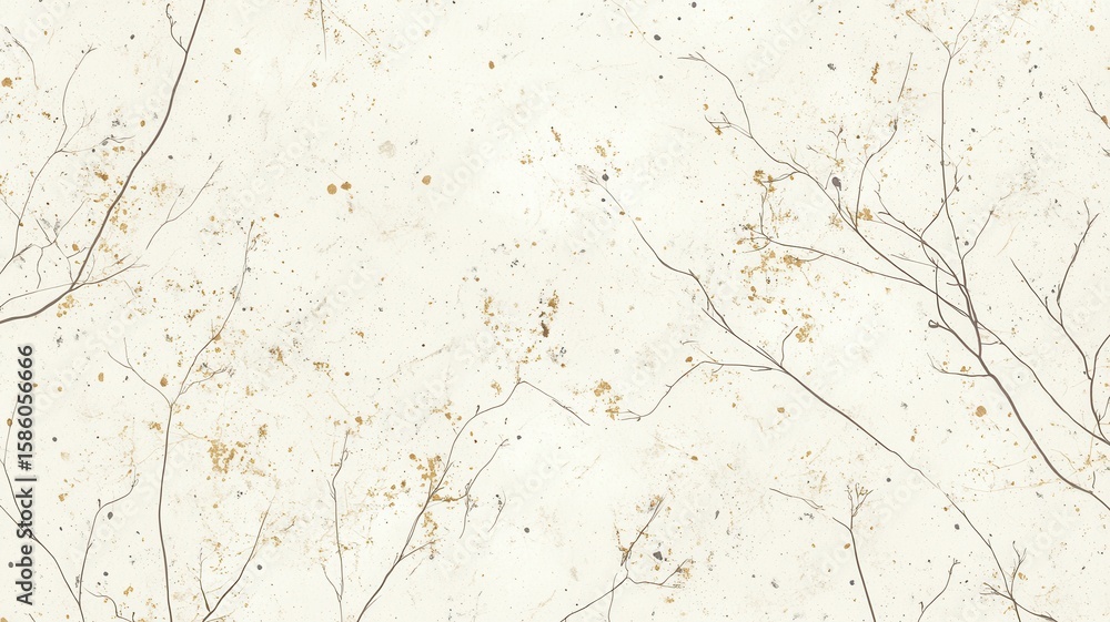 Poster and dried branches and gold splashes adorn a textured background, creating a delicate intricate arti