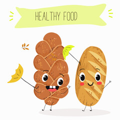 Baked food funny characters, hand drawn vector illustration.