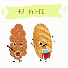 Baked food funny characters, hand drawn vector illustration.