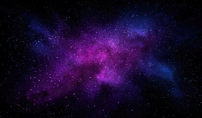 Cosmic nebula swirling in deep space.  Clusters of stars scattered across a backdrop of vibrant purple and blue nebulous clouds