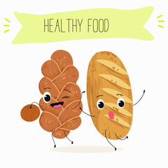 Baked food funny characters, hand drawn vector illustration.