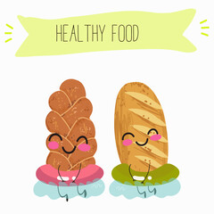 Baked food funny characters, hand drawn vector illustration.