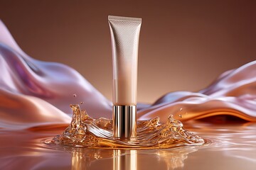 A high-end matte foundation tube elegantly placed on a reflective golden surface, surrounded by smooth fluid waves, embodying the essence of premium cosmetic packaging.