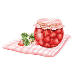 Watercolor Strawberry Jam Jar on Gingham Cloth vector illustration